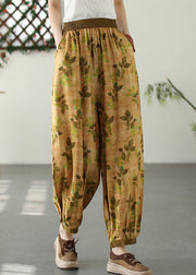 Bohemian Yellow Wrinkled Elastic Waist Crop Lantern Pants