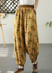 Bohemian Yellow Wrinkled Elastic Waist Crop Lantern Pants