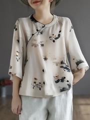 Grace Beige Stand Collar Print Linen Tops Summer