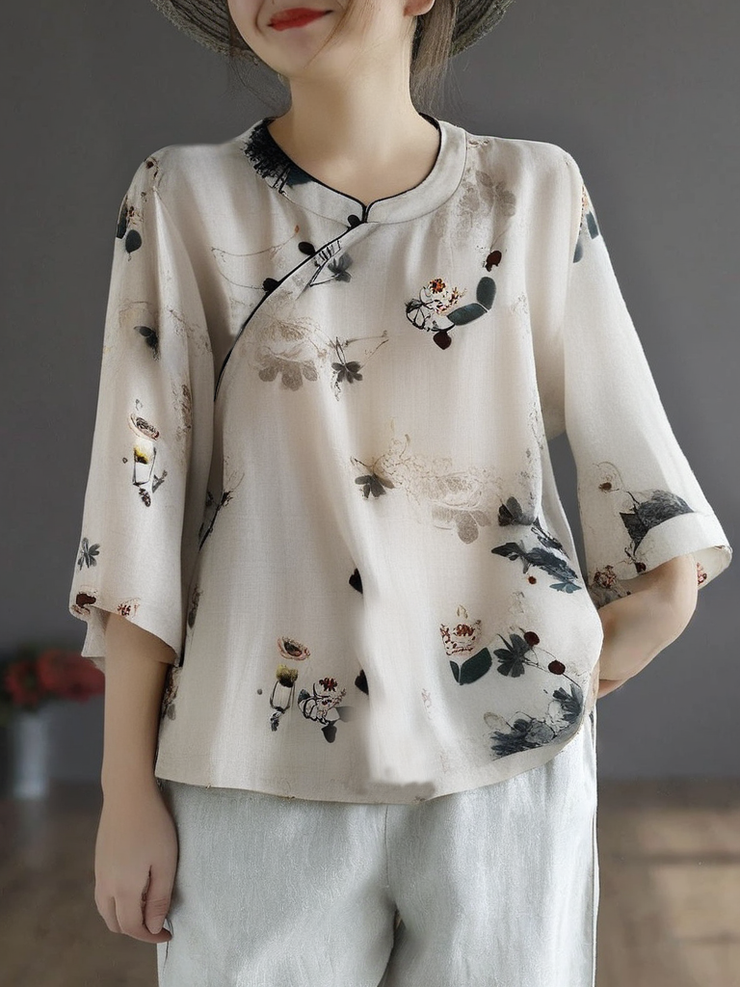 Grace Beige Stand Collar Print Linen Tops Summer