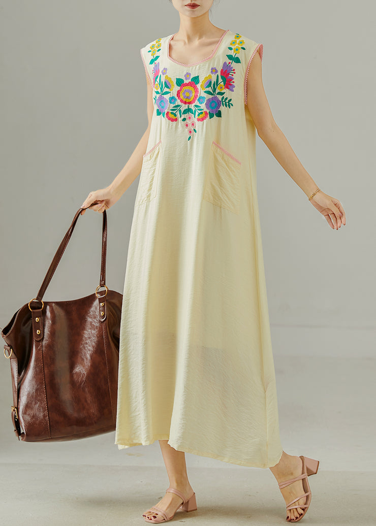 Boho Apricot Embroidered Cotton Long Dress Sleeveless