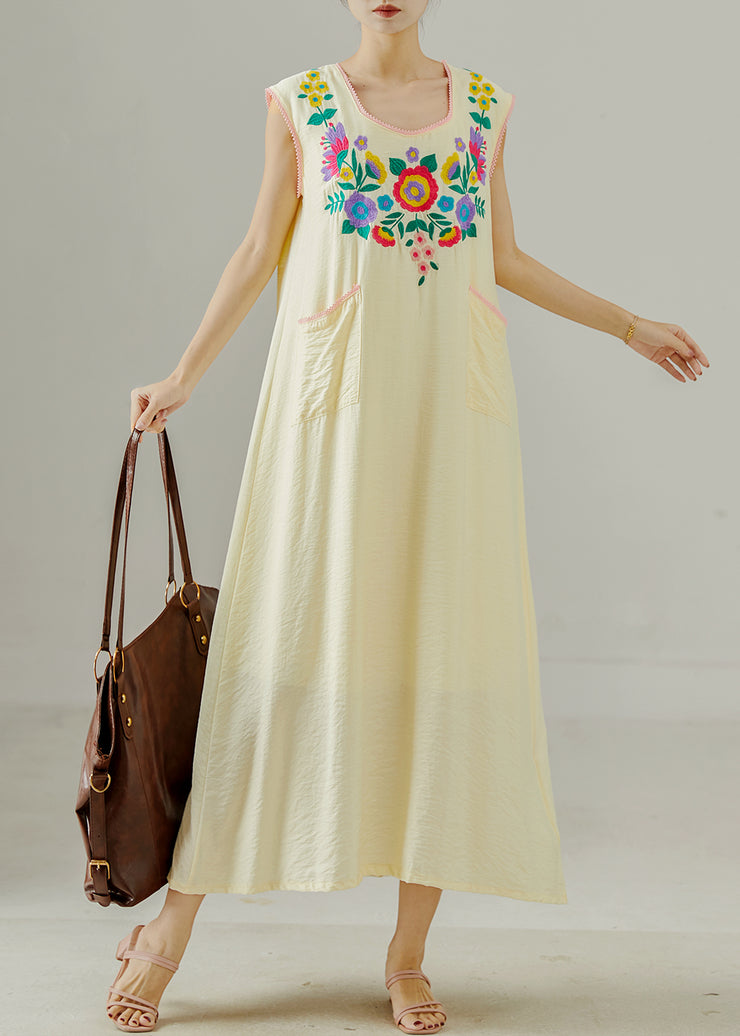 Boho Apricot Embroidered Cotton Long Dress Sleeveless