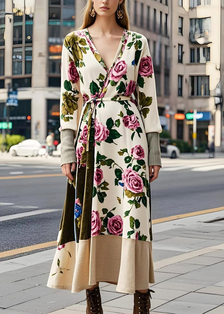 Boho Apricot Floral Tie Waist Silk Velvet Long Dresses Spring