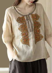 Boho Apricot O-Neck Embroidered Low High Design Ramie Shirts Summer