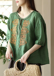 Boho Apricot O-Neck Embroidered Low High Design Ramie Shirts Summer