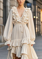 Boho Apricot Ruffled Asymmetrical Design Cotton Cinched Dress Spring