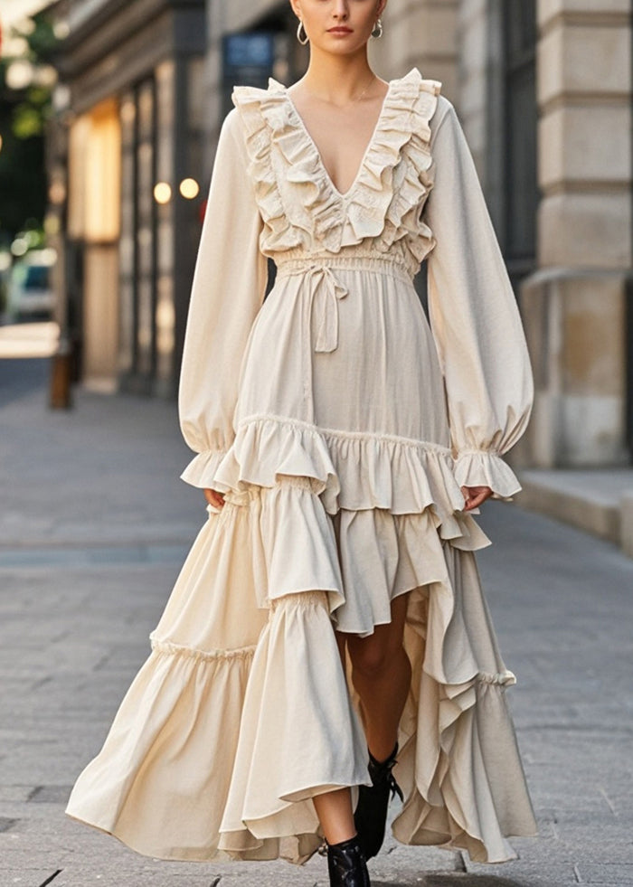 Boho Apricot Ruffled Asymmetrical Design Cotton Cinched Dress Spring