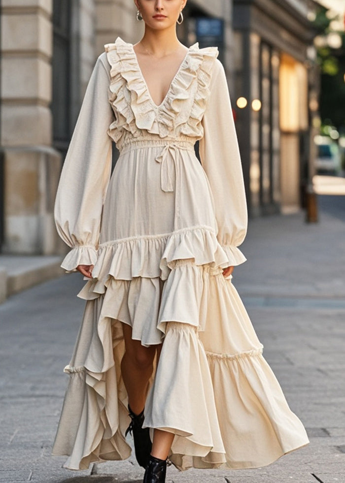 Boho Apricot Ruffled Asymmetrical Design Cotton Cinched Dress Spring