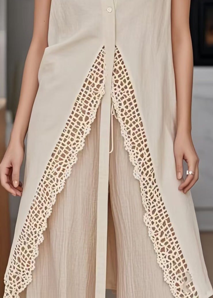 Boho Apricot Side Open Patchwork Lace Long Vests Sleeveless