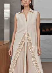 Boho Apricot Side Open Patchwork Lace Long Vests Sleeveless