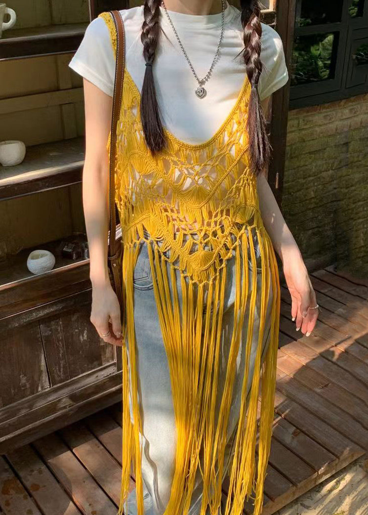 Boho Apricot Tasseled Hollow Out Spaghetti Strap Dresses Summer