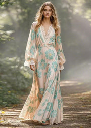 Boho Apricot V Neck Print Patchwork Silk Maxi Dresses Spring