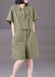 Boho Army Green Peter Pan Collar Drawstring Pockets Solid Color Cotton Overalls Jumpsuit Summer