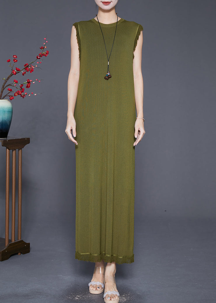 Boho Army Green Tasseled Slim Fit Knit Dresses Sleeveless