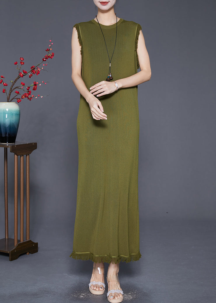 Boho Army Green Tasseled Slim Fit Knit Dresses Sleeveless