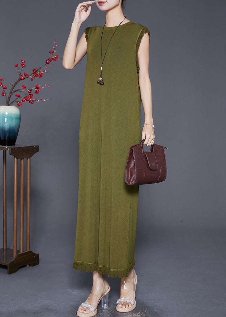 Boho Army Green Tasseled Slim Fit Knit Dresses Sleeveless