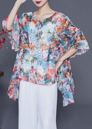 Boho Asymmetrical Design Floral Print Chiffon Shirts Flare Sleeve