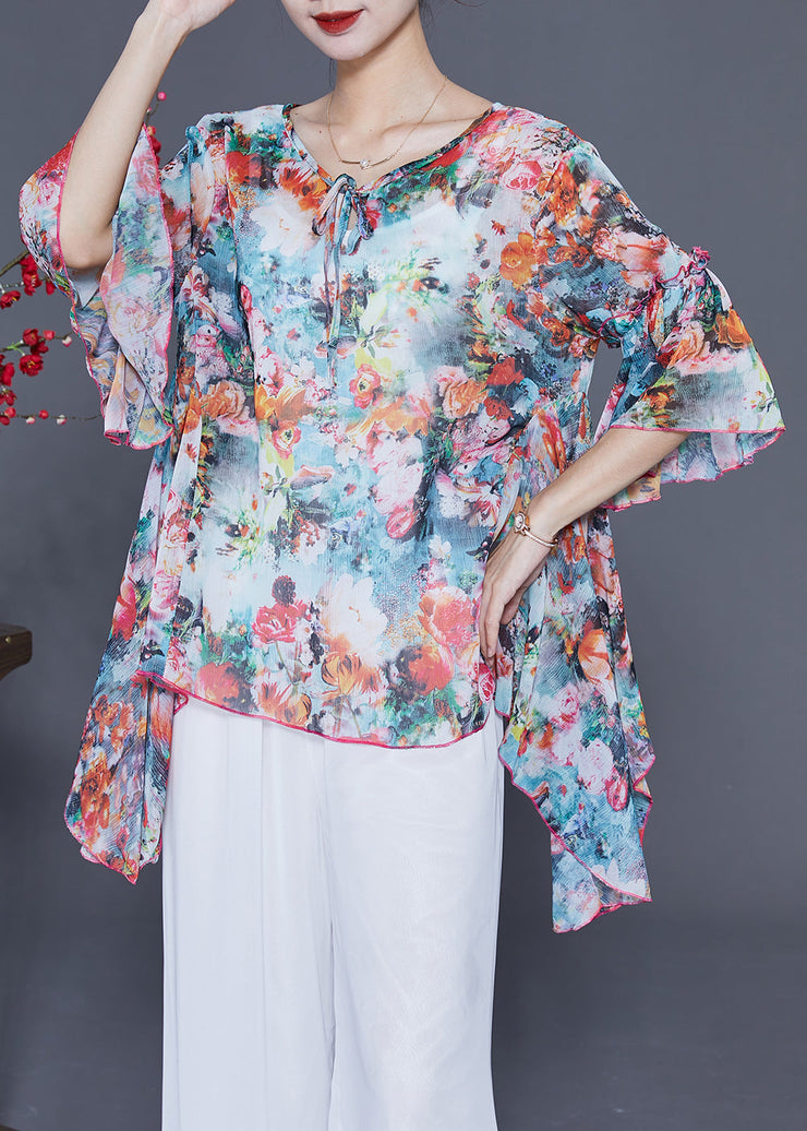 Boho Asymmetrical Design Floral Print Chiffon Shirts Flare Sleeve