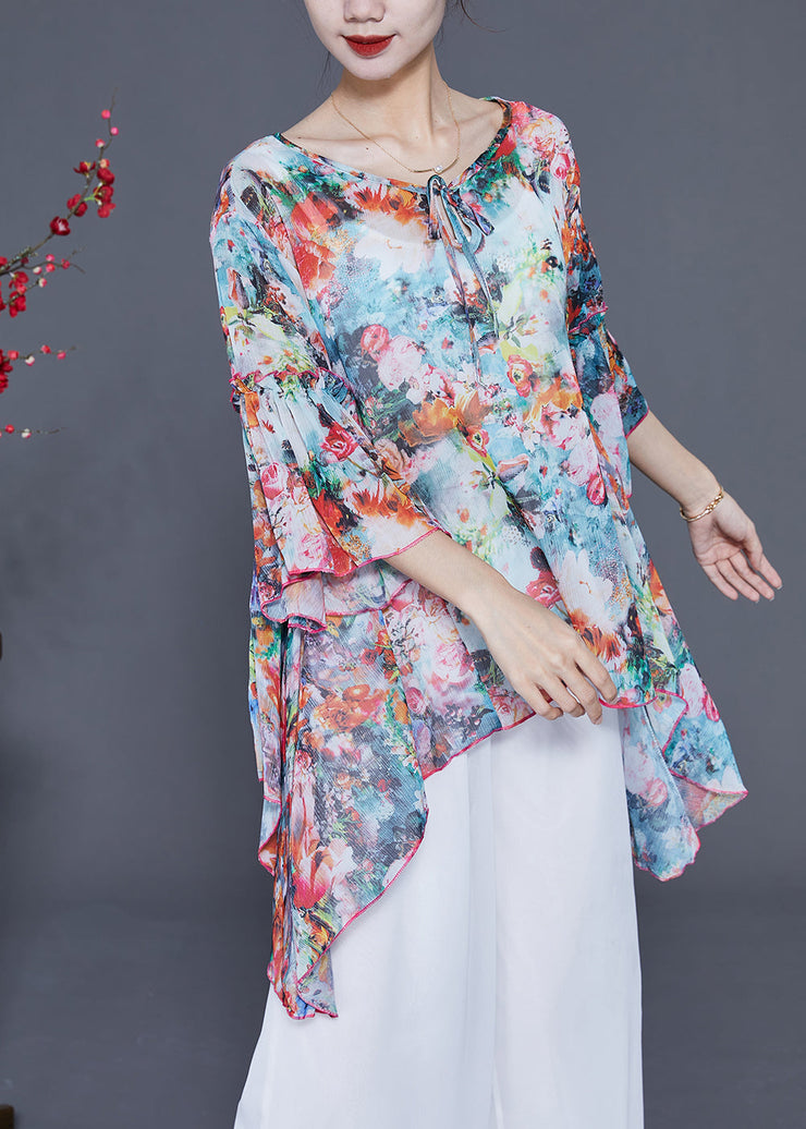 Boho Asymmetrical Design Floral Print Chiffon Shirts Flare Sleeve