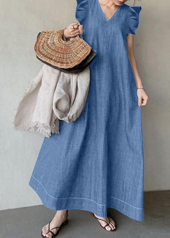 Boho Baby Blue V Neck Ruffled Patchwork Denim Dress Summer