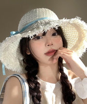 Boho Beige Bow Hollow Out Straw Woven Holiday Floppy Sun Hat