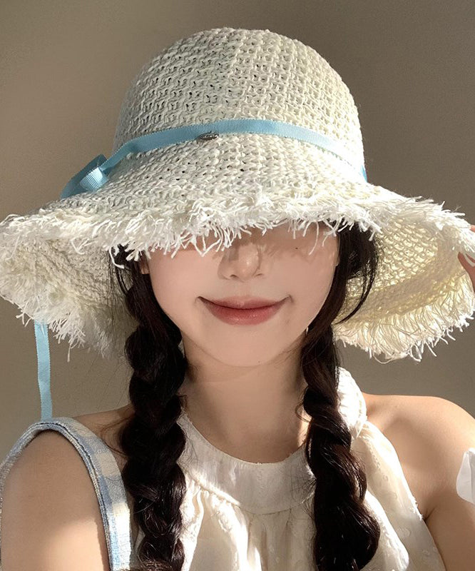 Boho Beige Bow Hollow Out Straw Woven Holiday Floppy Sun Hat