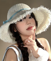 Boho Beige Bow Hollow Out Straw Woven Holiday Floppy Sun Hat