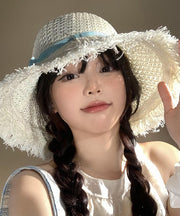 Boho Beige Bow Hollow Out Straw Woven Holiday Floppy Sun Hat