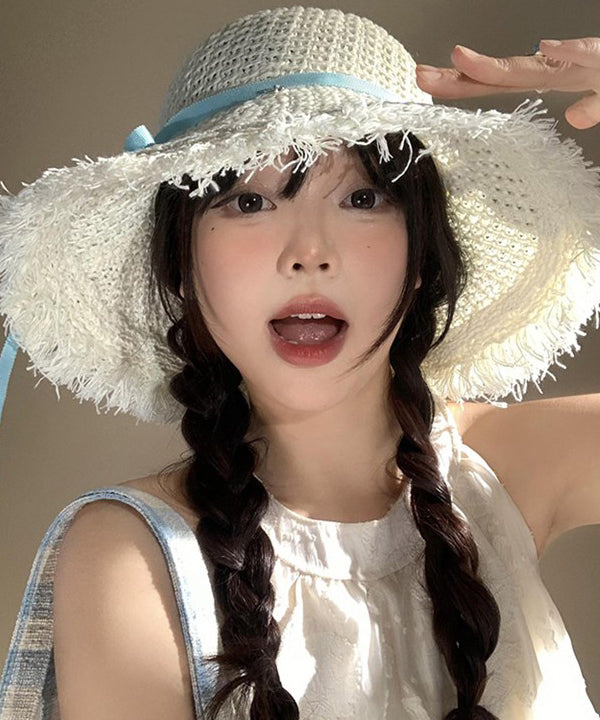 Boho Beige Bow Hollow Out Straw Woven Holiday Floppy Sun Hat