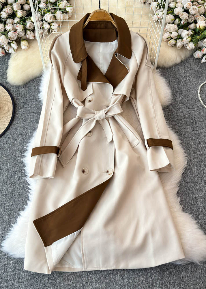 Boho Beige Notched Pockets Button Tie Waist Long Trench Coats Spring