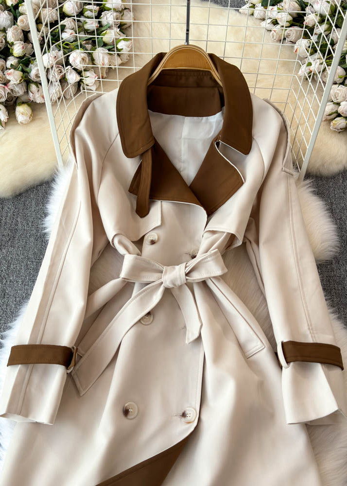 Boho Beige Notched Pockets Button Tie Waist Long Trench Coats Spring