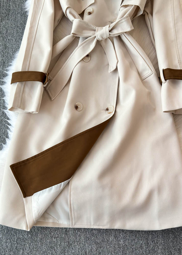 Boho Beige Notched Pockets Button Tie Waist Long Trench Coats Spring