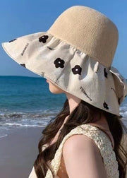 Boho Beige Print Bow Patchwork Knit Floppy Sun Hat