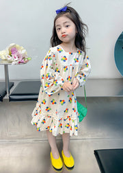 Boho Beige Square Collar Print Kids Vacation Long Dresses Long Sleeve