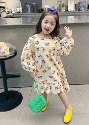 Boho Beige Square Collar Print Kids Vacation Long Dresses Long Sleeve