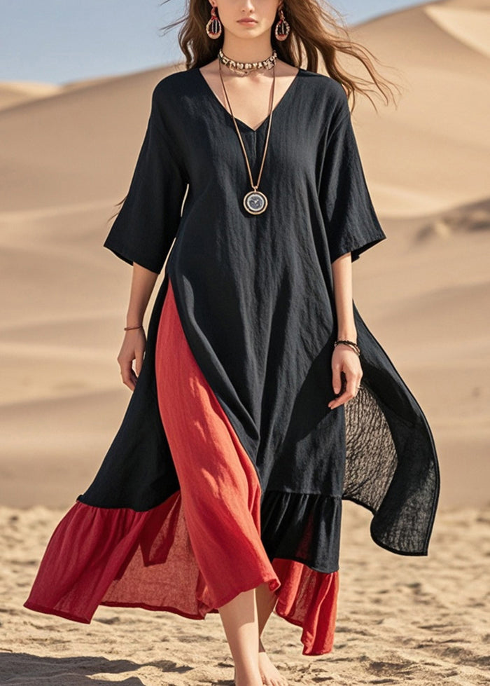 Boho Black Asymmetrical Patchwork Cotton Maxi Dresses Summer