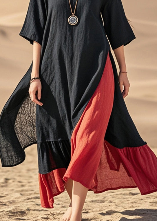 Boho Black Asymmetrical Patchwork Cotton Maxi Dresses Summer