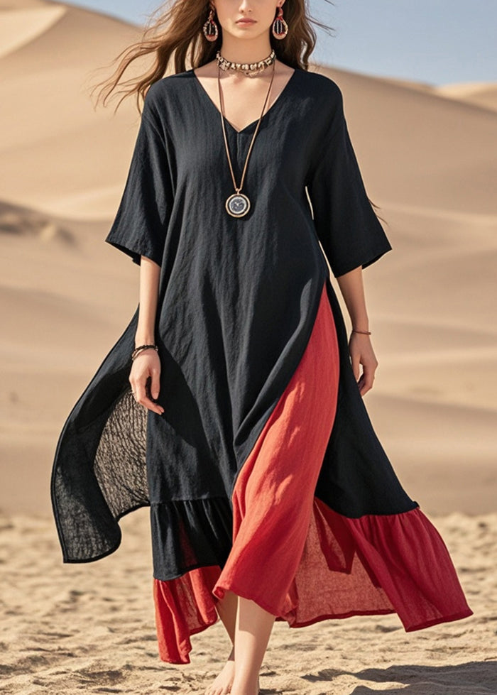 Boho Black Asymmetrical Patchwork Cotton Maxi Dresses Summer