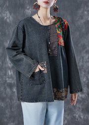 Boho Black Asymmetrical Patchwork Denim Sweatshirts Top Spring