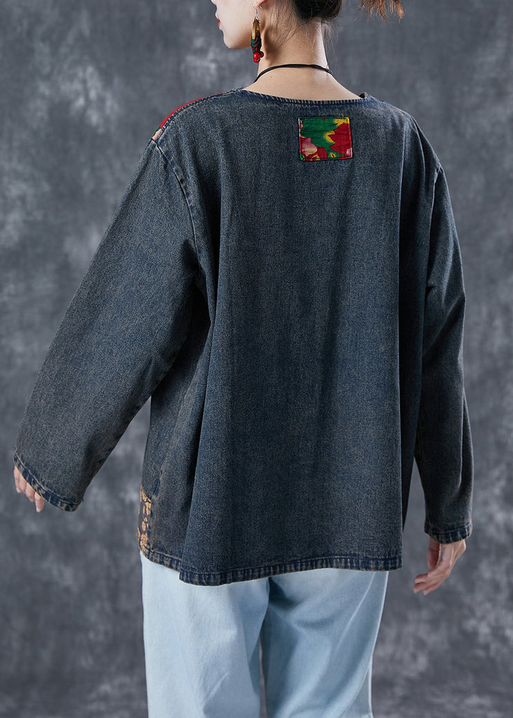 Boho Black Asymmetrical Patchwork Denim Sweatshirts Top Spring