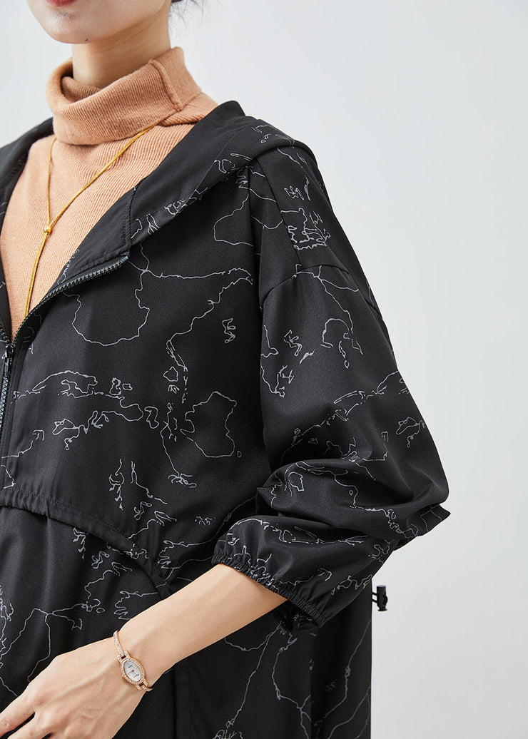 Boho Black Asymmetrical Print Drawstring Spandex Trench Coats Fall