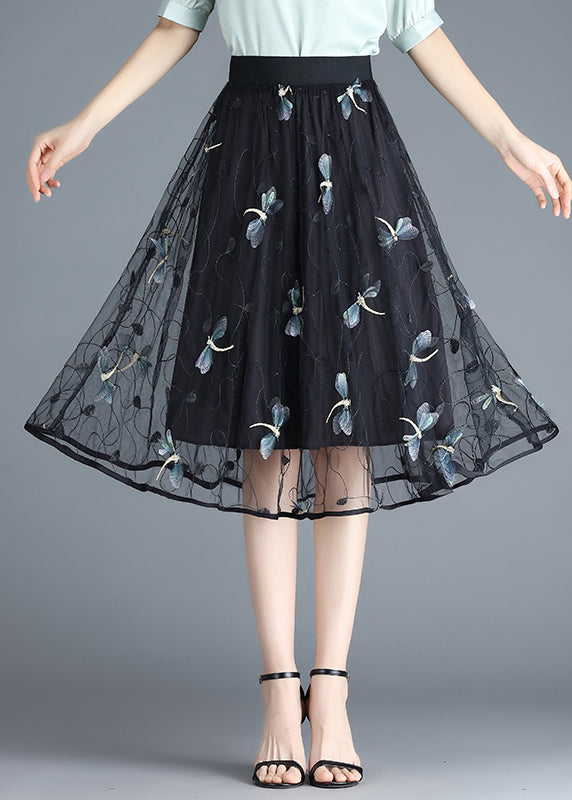 Boho Black Butterfly Embroideried Elastic Waist Tulle Skirt Summer