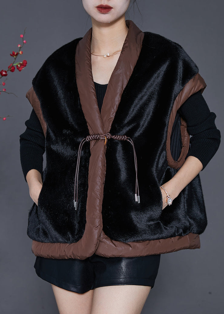 Boho Black Chinese Button Patchwork Mink Velvet Vests Spring