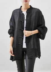 Boho Black Chinese Button Wrinkled Linen Shirt Top Fall