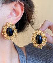 Boho Black Copper Zircon Pearl Stud Earrings