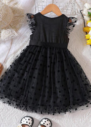 Boho Black Dot Patchwork Tie Waist Tulle Girls Mid Dresses Summer