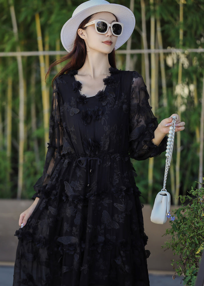 Boho Black Embroidered Butterfly Silk Dress Summer