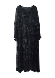 Boho Black Embroidered Butterfly Silk Dress Summer