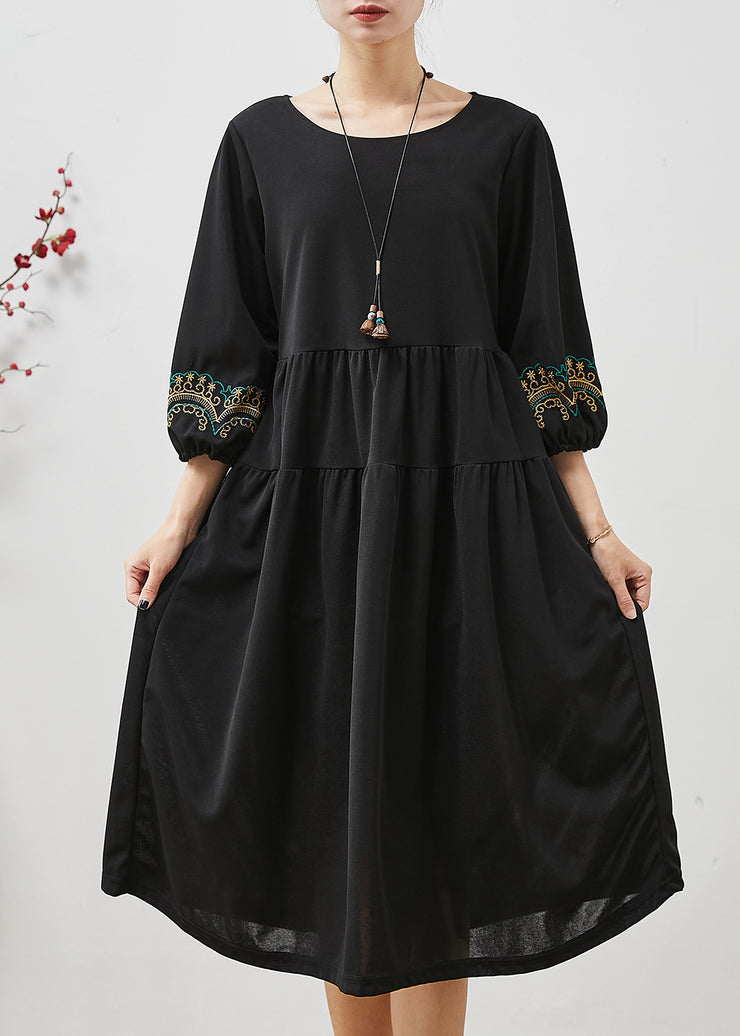 Boho Black Embroidered Oversized Robe Dresses Bracelet Sleeve