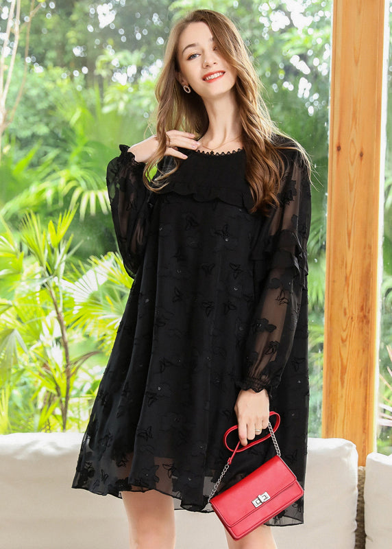 Boho Black Embroideried Patchwork Ruffles Chiffon Maxi Dresses Spring